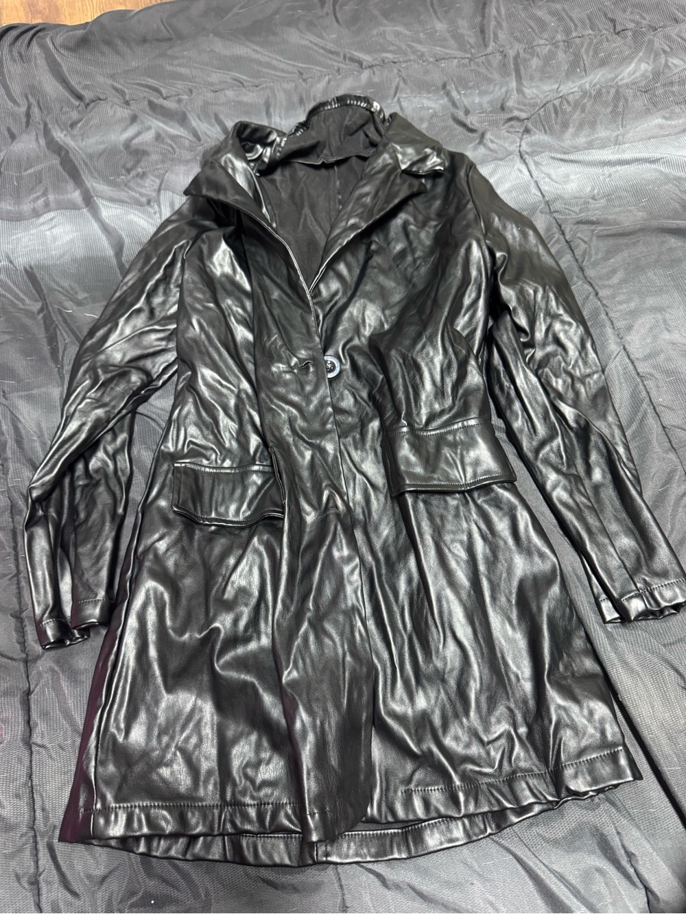 Source Unknown Black Faux Leather Trench Coat